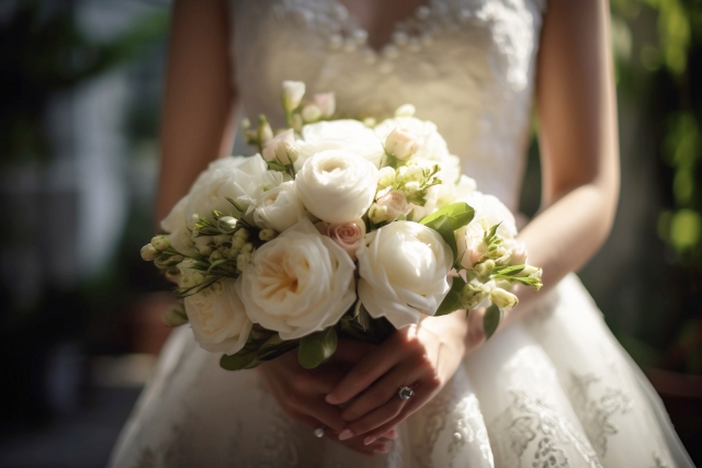 結婚相談所埼玉 ウエディングドレスを着て白いブーケを持って立っている新婦の画像です。